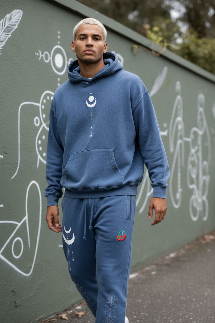Man wearing a blue tracksuit with graphic designs against a green wall with white drawings.