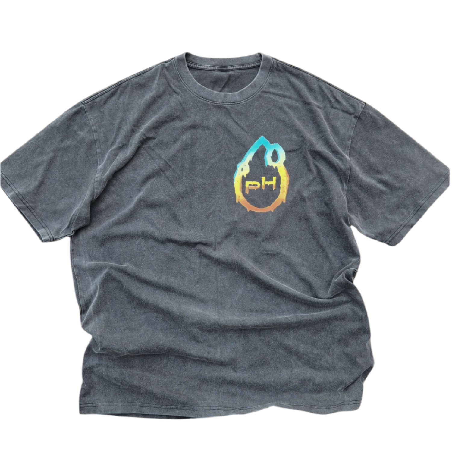 Gray t-shirt with a colorful logo on a white surface