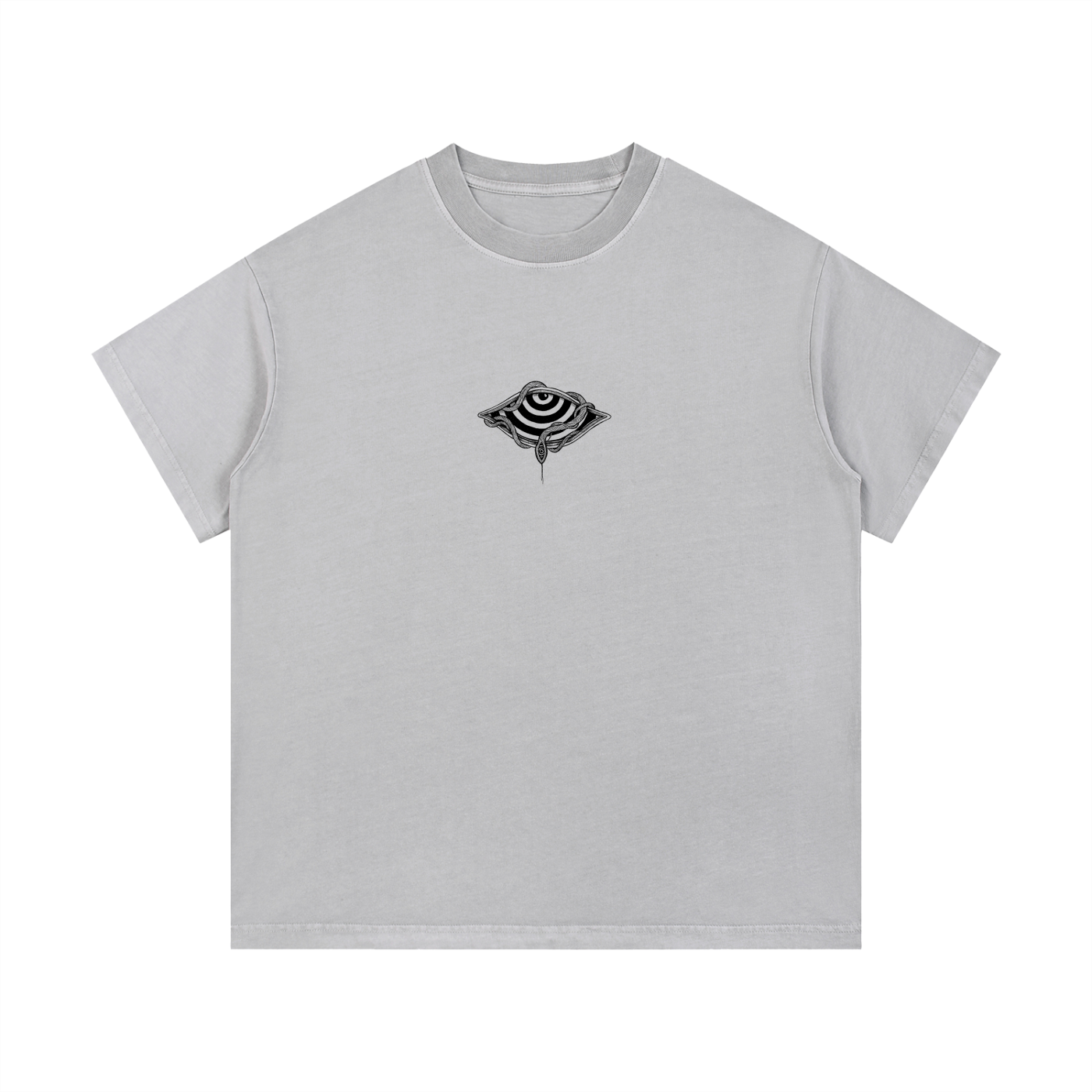 Gray t-shirt with a black and white snake design centered on the chest