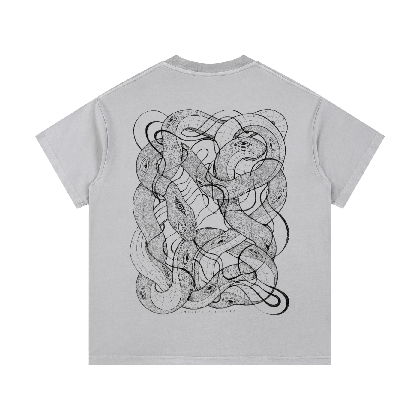 Gray t-shirt with black snake design on the back against a white background