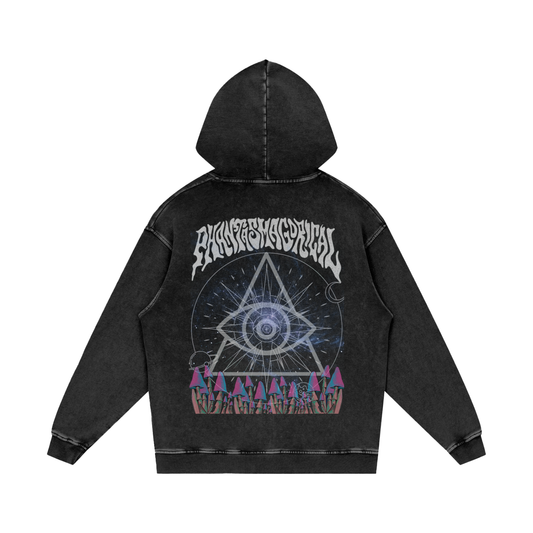 Black hoodie with a geometric design and text on the back against a white background