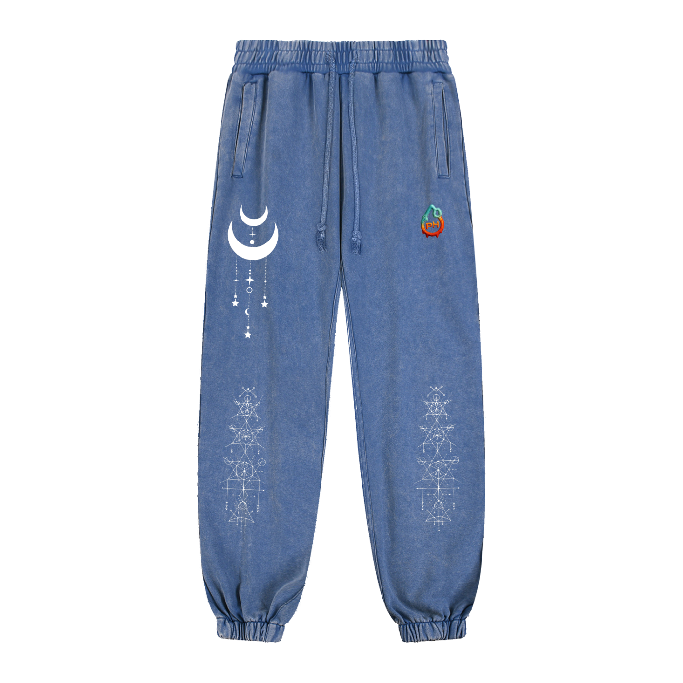 Blue denim jogger pants with white moon and star design on a white background