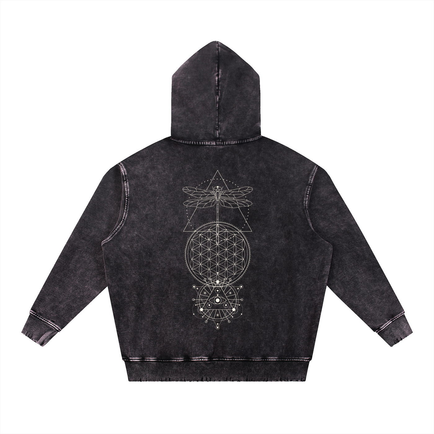 Black hoodie with sacred geometry design on the back against a white background