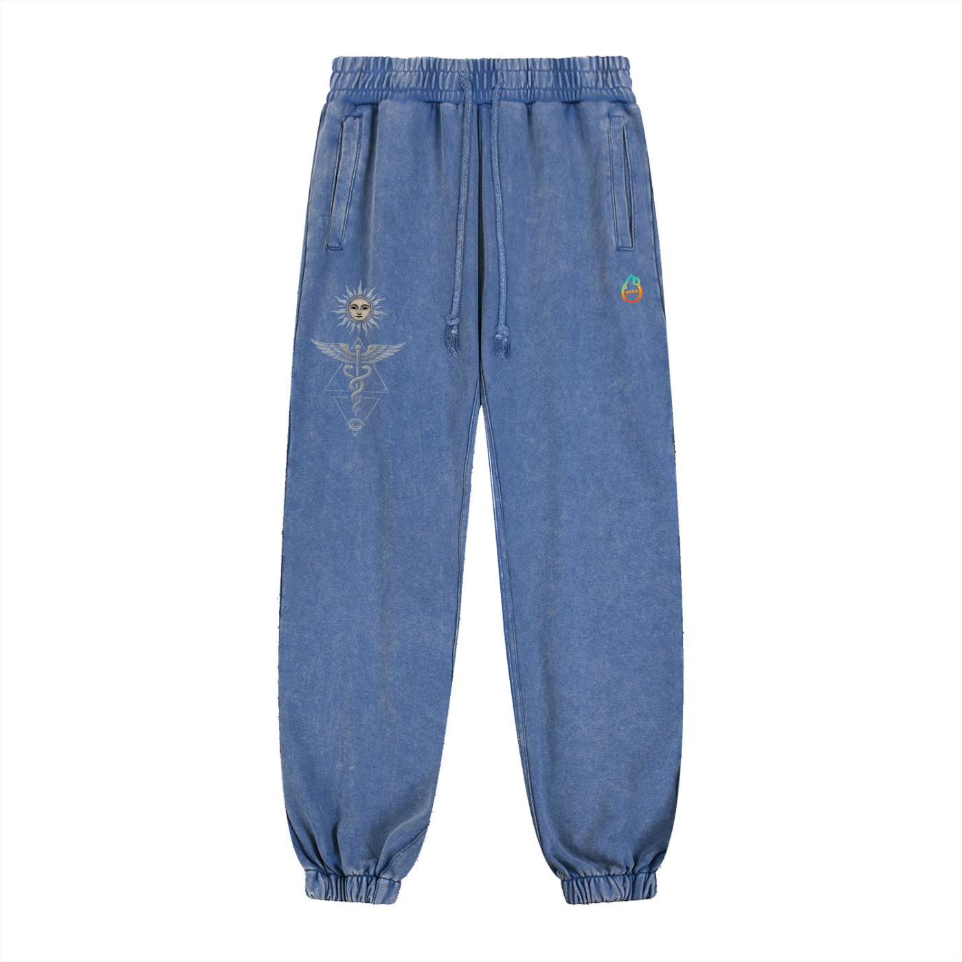  Inner Alchemy snow wash heavyweight jogger sweatpants with psychedelic esoteric graphic design in blue vintage denim 
