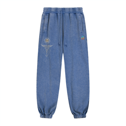  Inner Alchemy snow wash heavyweight jogger sweatpants with psychedelic esoteric graphic design in blue vintage denim 