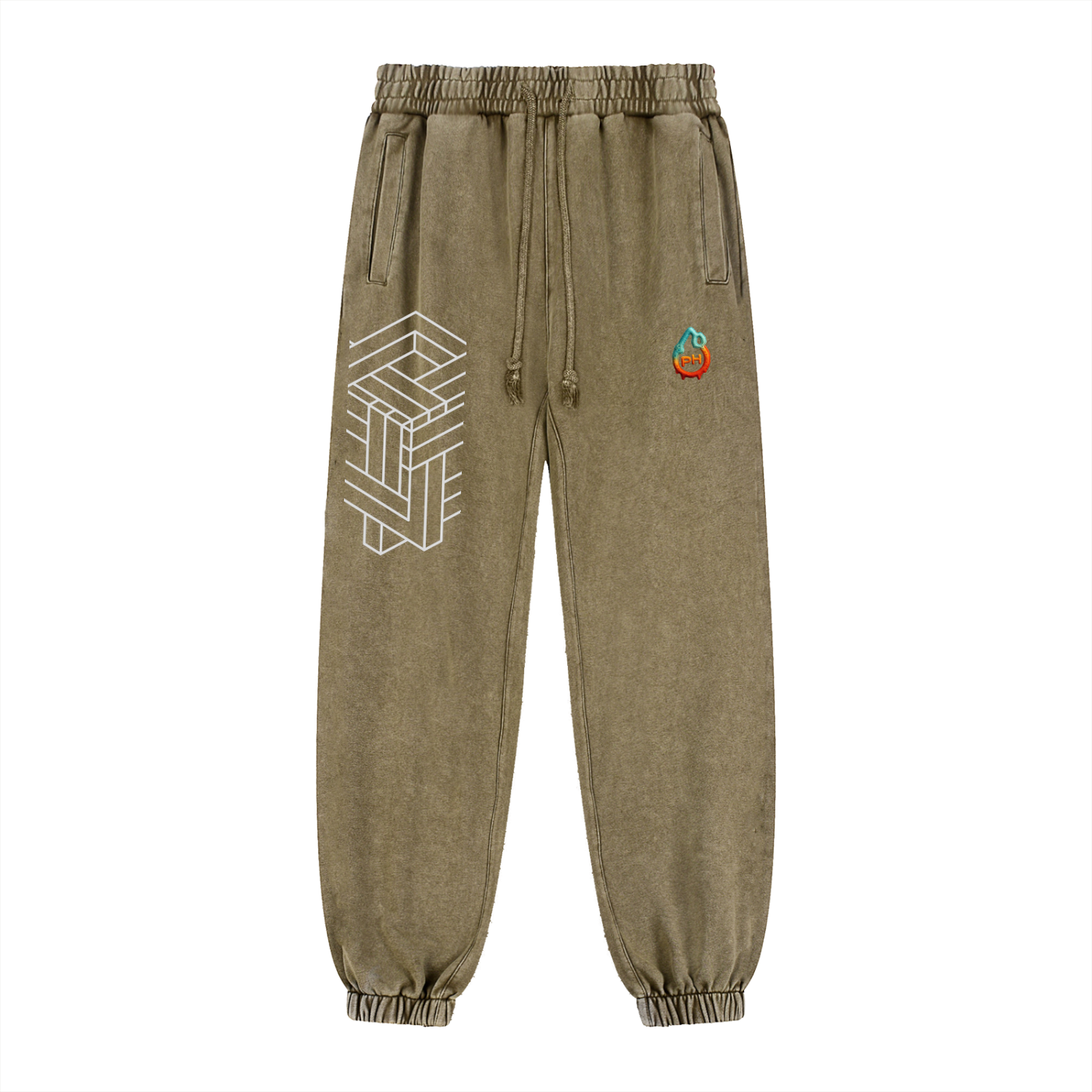 Khaki sweatpants with geometric design and colorful logo on a white background