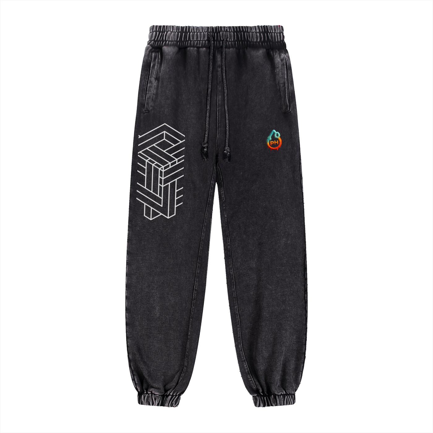 Black jogger pants with geometric design and logo on a white background