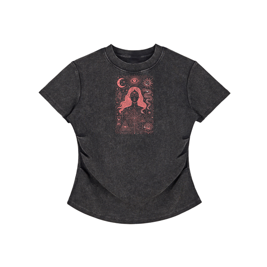 Cosmic Siren vintage-wash bodycon t-shirt in dark gray with red cosmic siren artwork