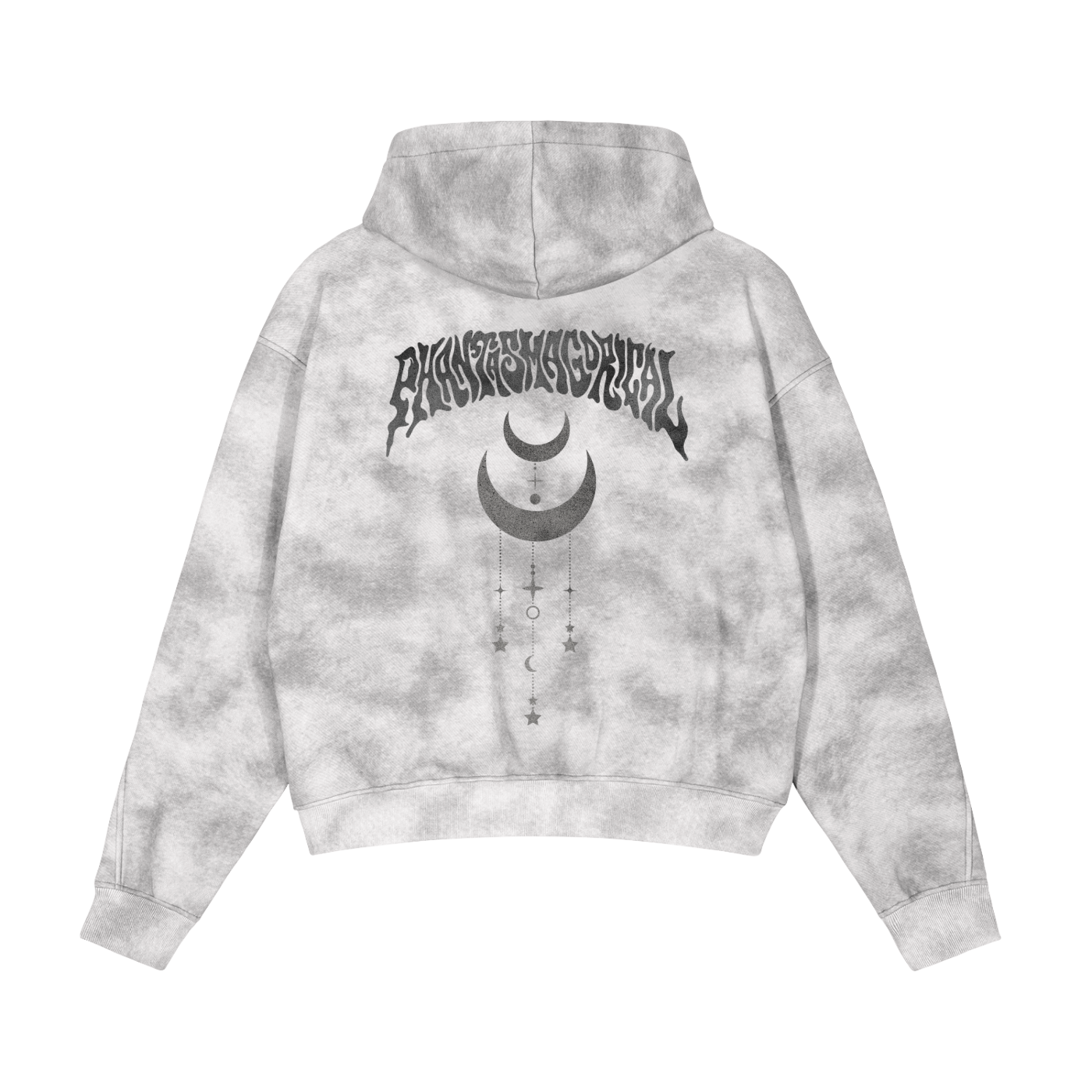arge Phantasmagorical back graphic with crescent moons and stars on a grey washed fleece hoodie