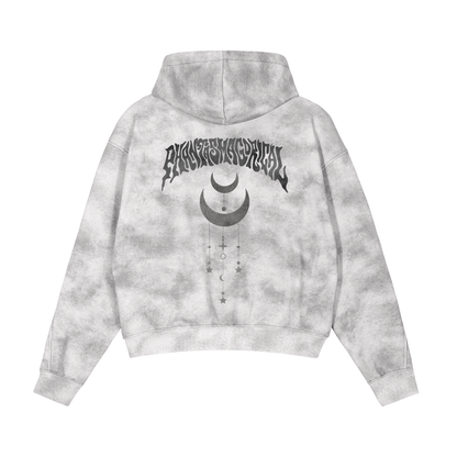arge Phantasmagorical back graphic with crescent moons and stars on a grey washed fleece hoodie