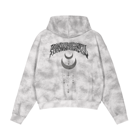 arge Phantasmagorical back graphic with crescent moons and stars on a grey washed fleece hoodie