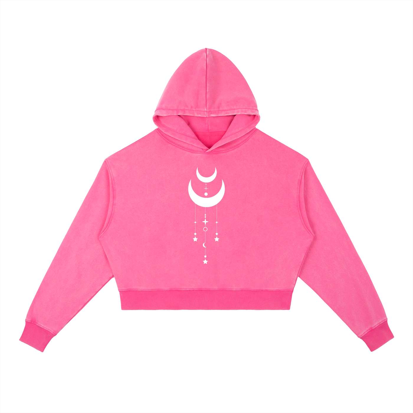 Phantasmagorical Dreamstate women's cropped hoodie in vintage washed rose red. Heavyweight 400gsm cotton with raw hem and esoteric streetwear styling.