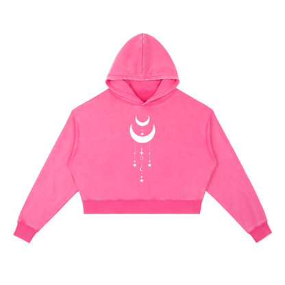 Phantasmagorical Dreamstate women's cropped hoodie in vintage washed rose red. Heavyweight 400gsm cotton with raw hem and esoteric streetwear styling.