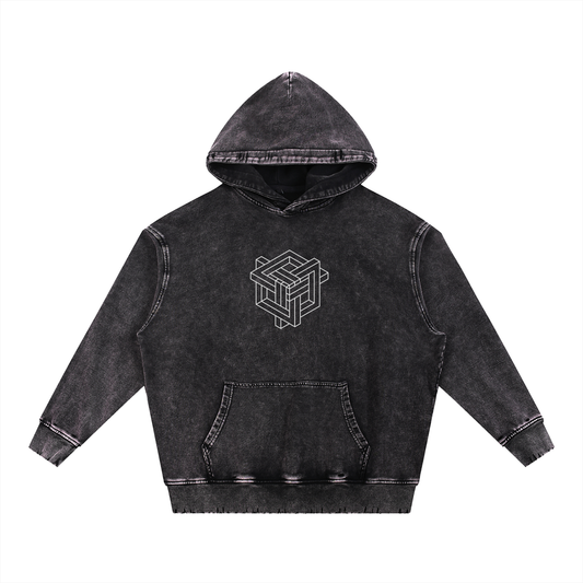 Black hoodie with geometric design on a white background