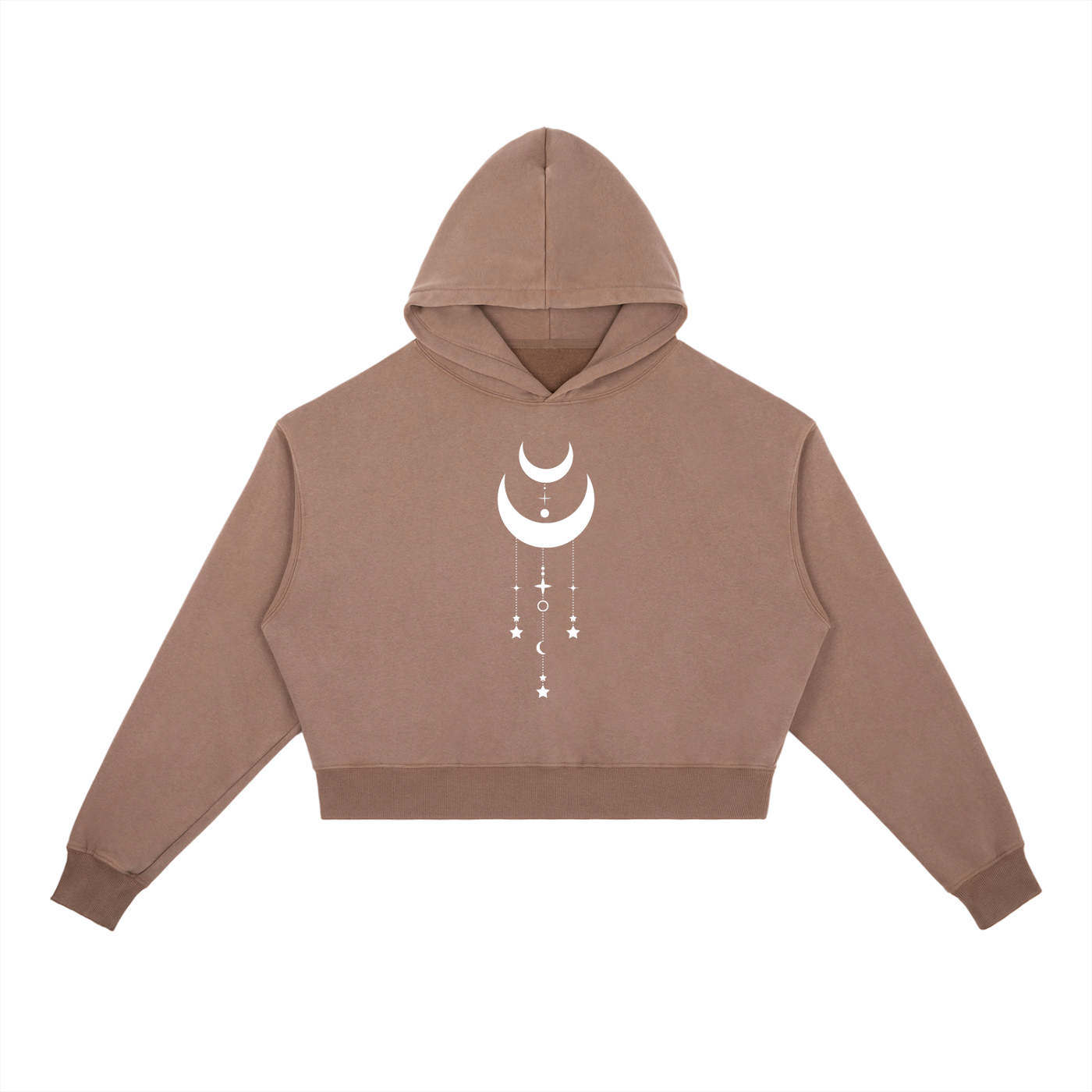Brown hoodie with a white moon and star design on a white background