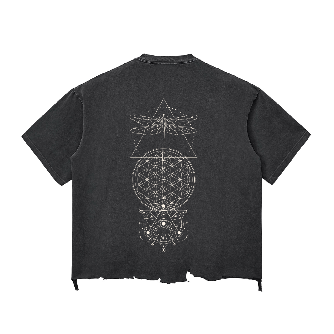 Black t-shirt with white geometric design on the back against a white background