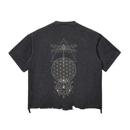 Black t-shirt with white geometric design on the back against a white background