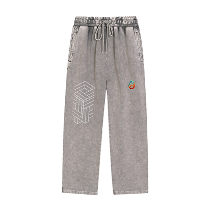 Gray sweatpants with geometric design on a white background