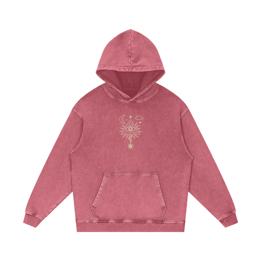 Pink hoodie with a graphic design on a white background