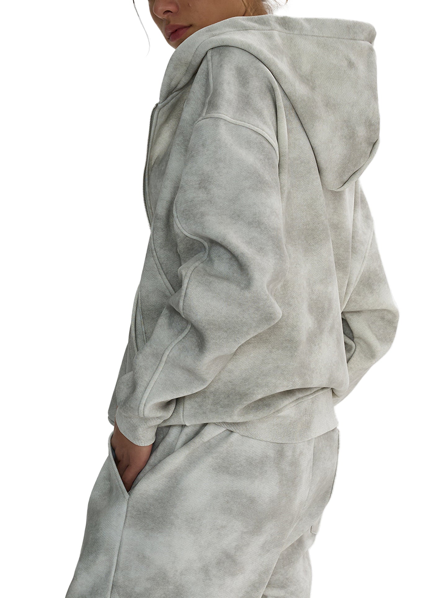 Gray hoodie and pants set on a white background